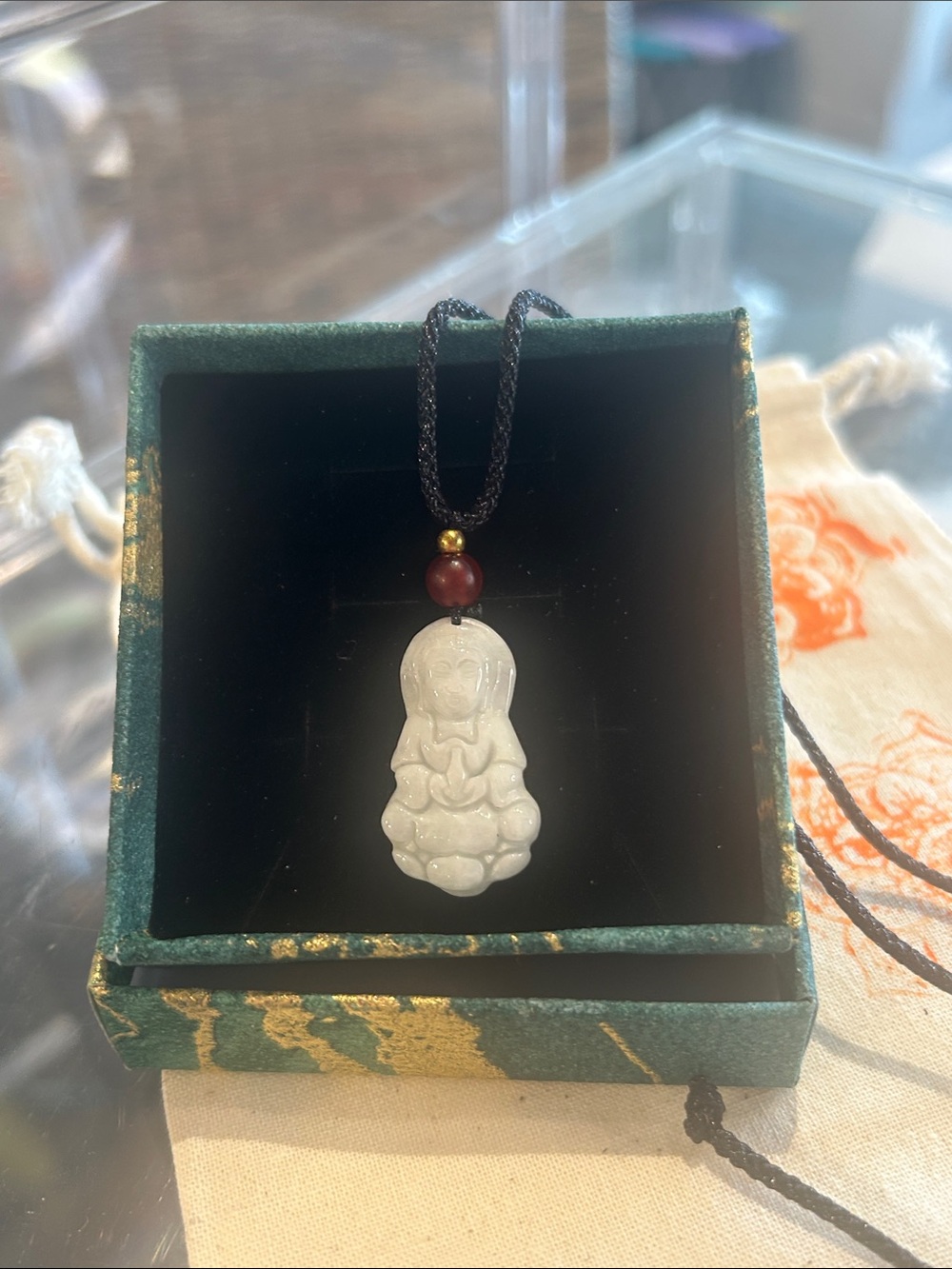White Jade Buddha Pendant Necklace 1.25”x .5” with Black Adjustable Cord NWT NIB